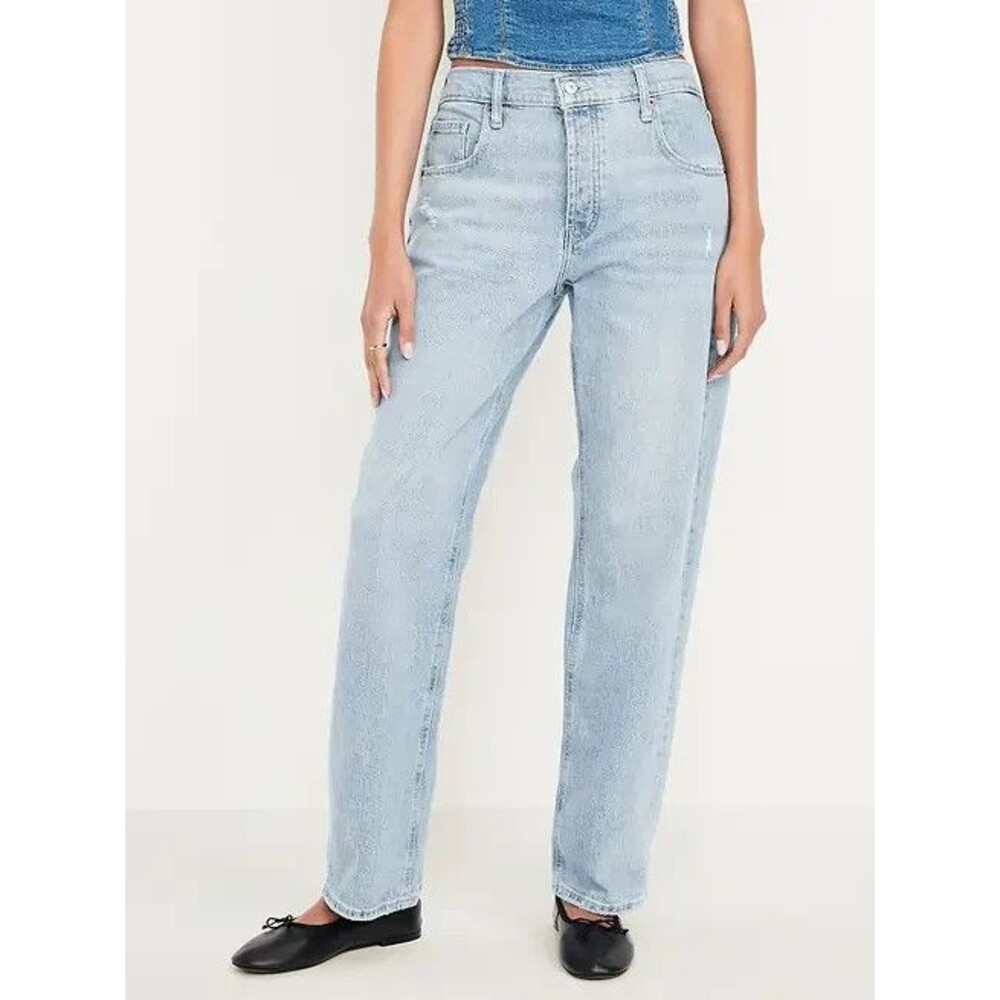 Old Navy Slouchy Straight Jeans Women 8 Tall Blue Light Wash Button Fly NEW
